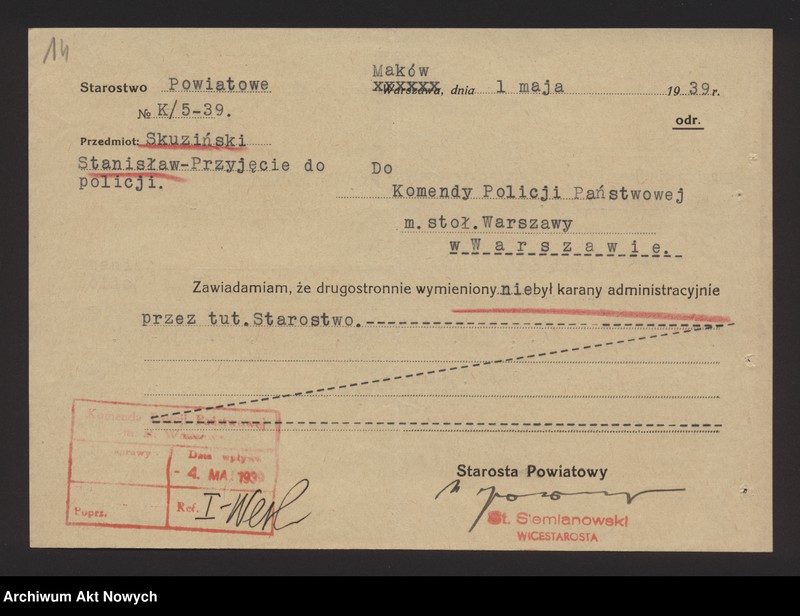image.from.unit.number "Przyjęcie do służby w Policji Państwowej Stanisława Skuzińskiego. Korespondencja."