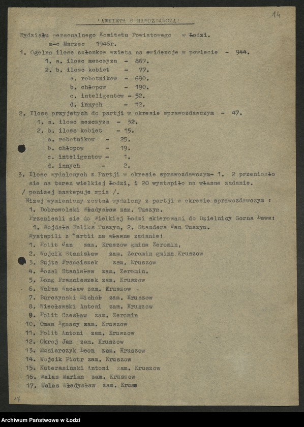 Obraz 15 z jednostki "Ankiety sprawozdawcze instruktora Komitetu Powiatowego Łódź [z załącznikami]"