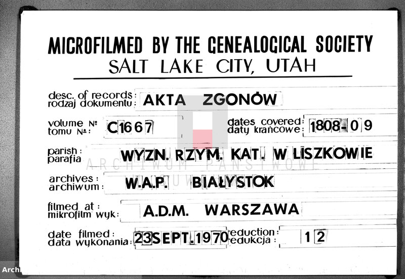 Obraz 1 z jednostki "Akta Umarłych od pierwszego Maia Roku Tysiącznego Osimsetnego Osmego Parafij Liszkowskiey"
