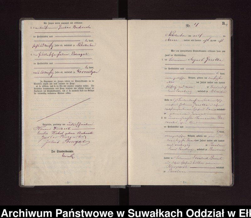 Obraz 8 z jednostki "Heiraths-Haupt-Register des Königlichen Preussischen Standes-Amtes /Stadt/ Nikolaiken Kreis Sensburg für das Jahr 1887 Nikolaiken Kreis Sensburg für das Jahr 1888"