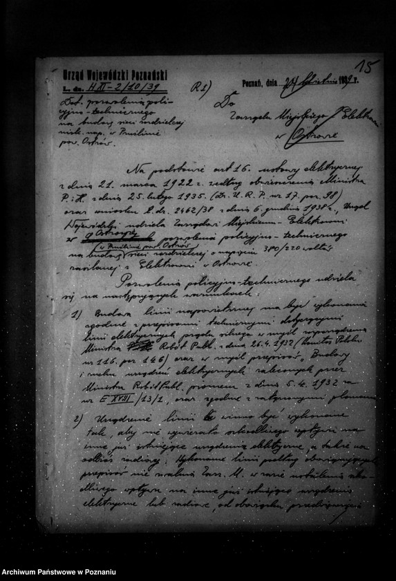 Obraz 19 z jednostki "/Pozwolenie policyjno-techniczne dla Elektrowni w Ostrowie na uruchomienie zakładu elektrycznego w Prześlinie/"