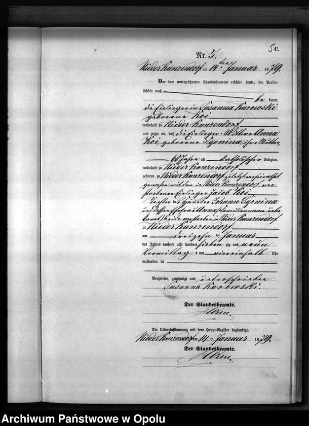 Obraz 8 z jednostki "Sterbe-Neben-Register Standesamts Kunzendorf pro 1879"