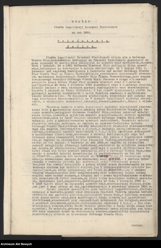 image.from.unit.number "Budżet Służbowy Legalizacji Narzędzi Mierniczych [w skład, której wchodzi Główny Urząd Miar i podległe mu urzędy okręgowe w b. zaborze rosyjskim, na Śląsku Cieszyńskim, w b. zaborze austriackim, pruskim i na Kresach Wschodnich], na [okres 1 I - 31 XII] 1922 r. [Wyjaśnienia ogólne, zestawienie.]"