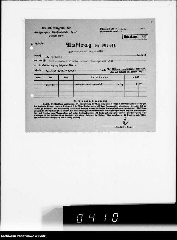 Obraz 14 z jednostki "[Upoważnienia do odbioru produktów żywnościowych i innych materiałów dostarczanych dla Getta] Auftragskopien"