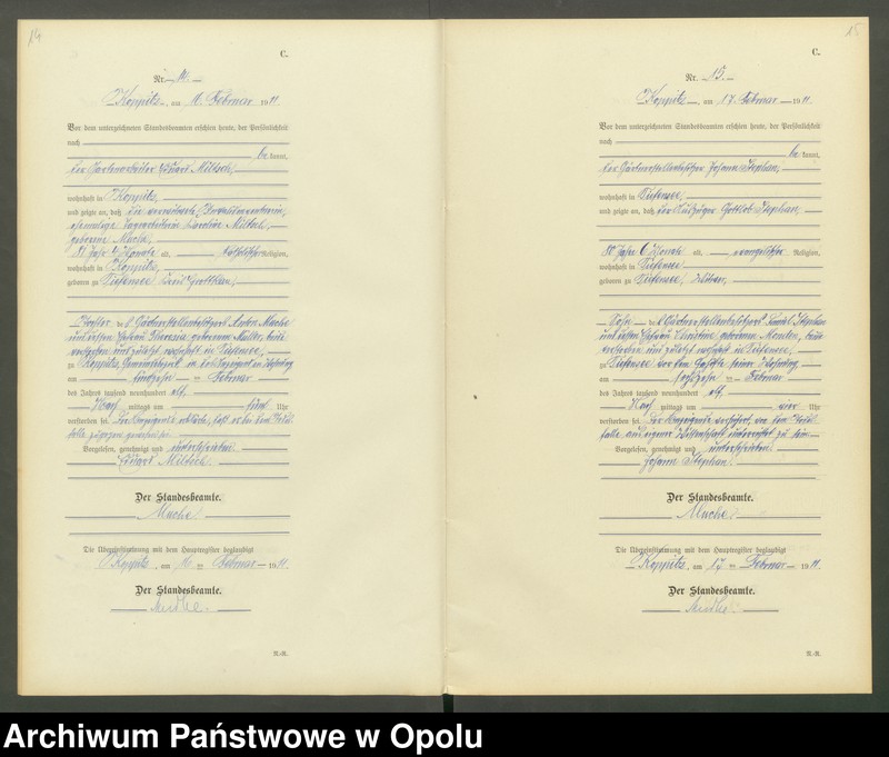 Obraz 10 z jednostki "Sterbe-Register (Neben-Register) Standesamt Koppitz 1911 No. 1 bis 72"