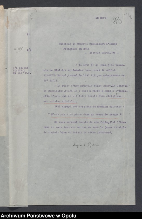 Obraz 11 z jednostki "Discipline-Recompenses-Decorations-Distractions-Punitions-Tenue generale /Korespondencja dotycząca dyscypliny, odznaczeń, pochwał, pracy oświatowej/"
