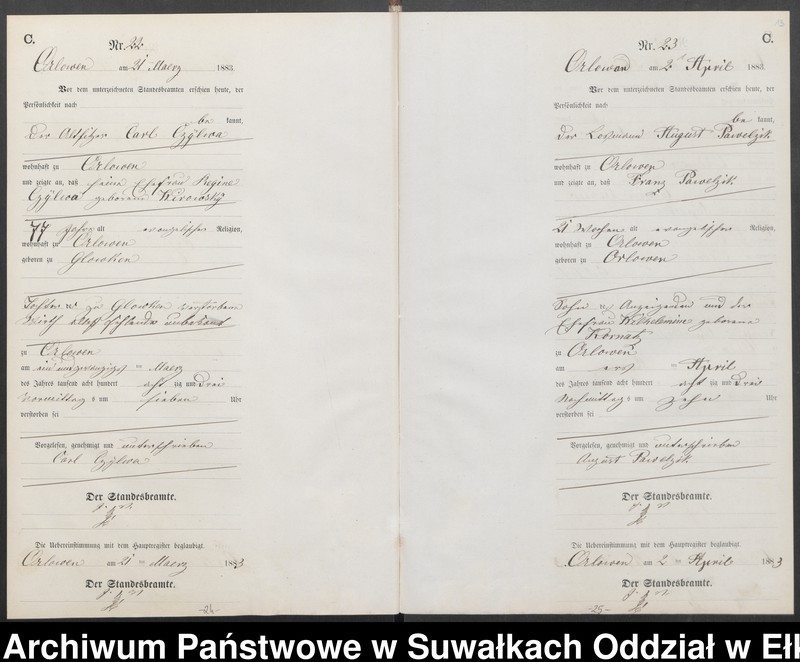 Obraz 16 z jednostki "Sterbe-Neben-Register des Preussischen Standes-Amtes Orlowen Kreis Loetzen für das Jahr 1883"