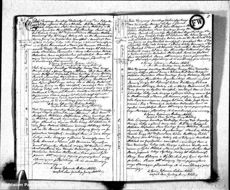 Obraz 5 z jednostki "Księga Aktów Zeyscia Urzędnika Stanu Cywilnego Gminy Metelskiey Pttu Seyneńskiego Woiewództwa Augustowskiego Od dnia 1-o Stycznia Tysiąc Osimset Dwodziestego Trzeciego roku 1823"