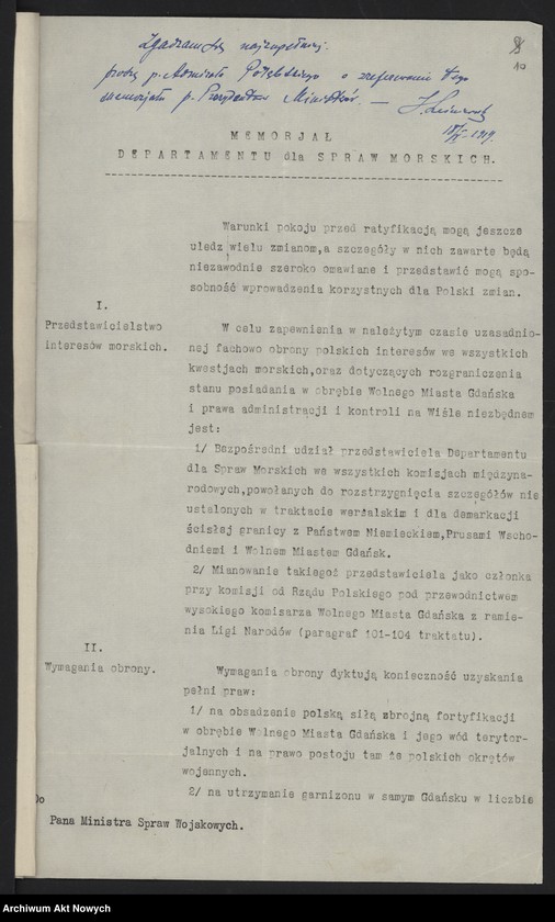 image.from.unit.number "Postulaty w sprawie otrzymania dostępu do morza, utworzenia marynarki wojennej i handlowej. Memoriały, wniosek, notatka, korespondencja"