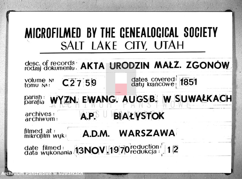 image.from.unit.number "Duplikat Akt Urodzonych, Zaślubionych i Zeszłych Parafij Ew. Augsburgskiey Suwałki za rok 1851"