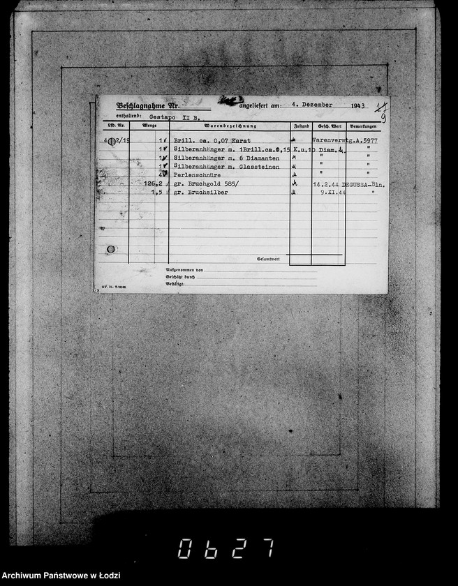 Obraz 13 z jednostki "Gestapo 200-400 [Kartoteka skonfiskowanego majątku ruchomego u Żydów]"