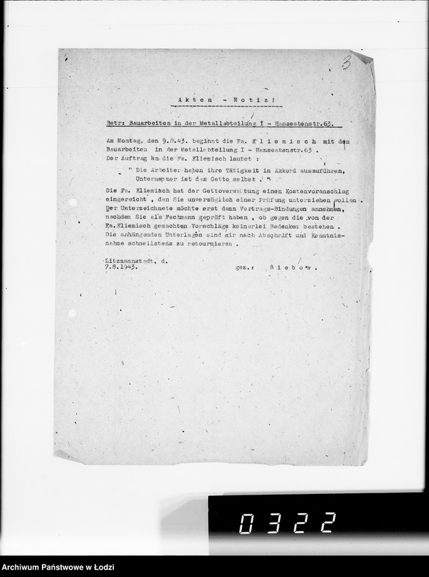 Obraz 7 z jednostki "Fa.Kliemisch.Werkhalle & Baluter-Schlahthof [rachunki za dostawy towarów dla Getta]"