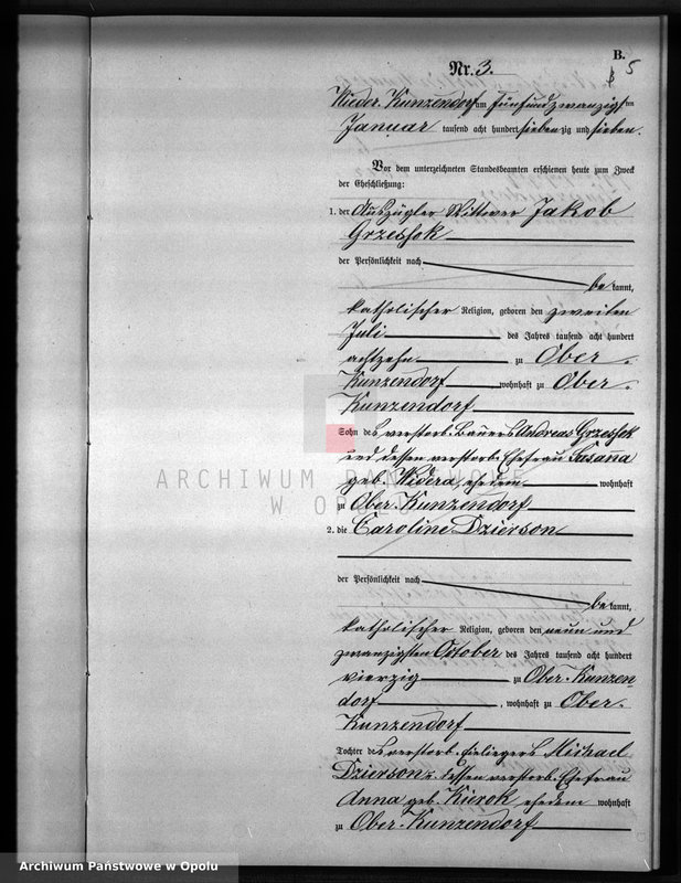 Obraz 9 z jednostki "Heiraths-Neben-Register Standesamts Kunzendorf pro 1877"