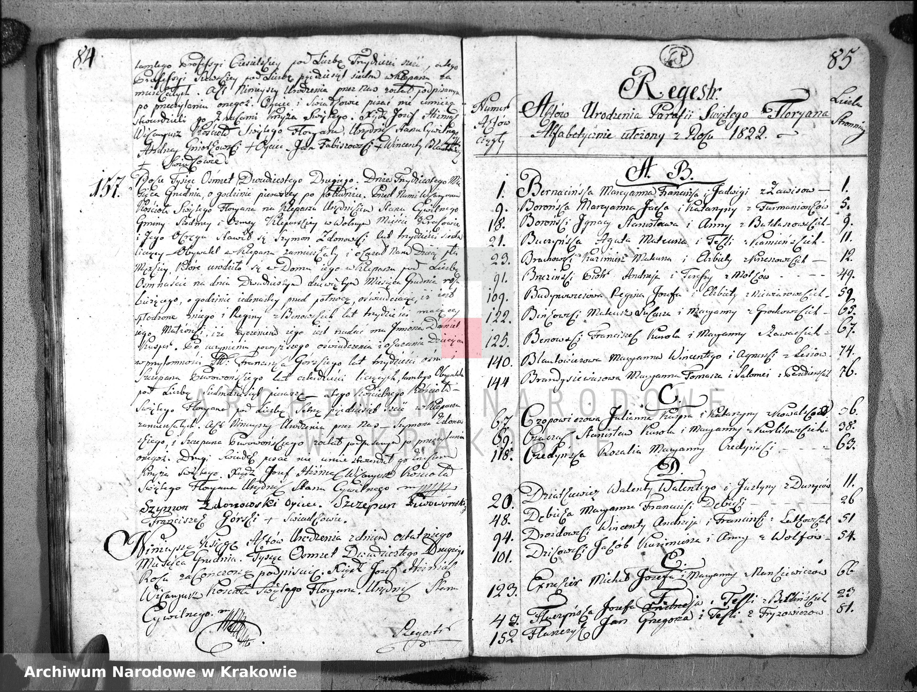 Skan z jednostki: Księga Aktów Urodzenia i Uznania dla Parafii Sgo Floryana przy Krakowie na Rok 1822