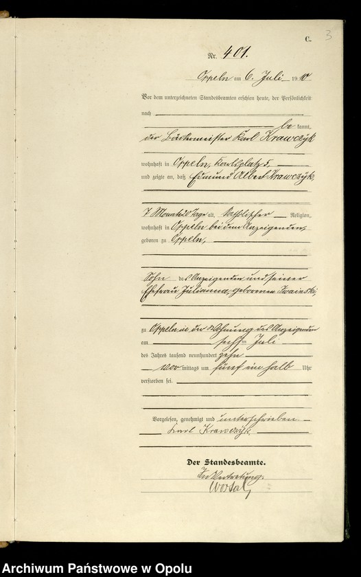 Obraz 6 z jednostki "Urząd stanu Cywilnego w Opolu 1910 Rejestr Zgonów Księga Miejscowa Nr 400 do 769"