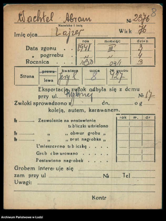 Obraz 9 z jednostki "Kartoteka osób pochowanych na cmentarzu żydowskim przy ulicy Brackiej w latach 1892-1953. Nazwiska na litery: Wac-Wajng"