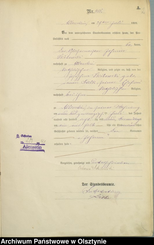 image.from.unit.number "Geburts-Haupt-Register Tom II,Nr 401 - 727"