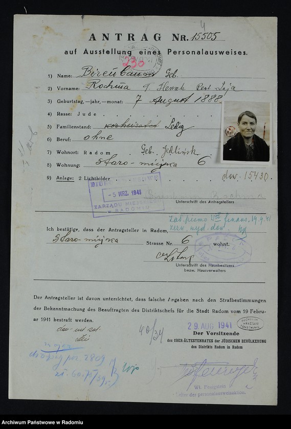 image.from.unit.number "[Wnioski o wydanie dowodów osobistych oraz nie odebrane dowody Birenbaum Rachela - Blass]"