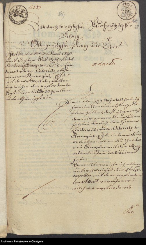 image.from.unit.number "In S. [Sachen] des v. [von] Schleinitz den Verkauf seines adelichen Guths Kirsteinsdorf [ Kiersztanowo] H. [Haupt] Amts Osterode [Ostróda] an den Lieutenant v. [von] Oelsnitz auf Plowenzin in Westpreussen"