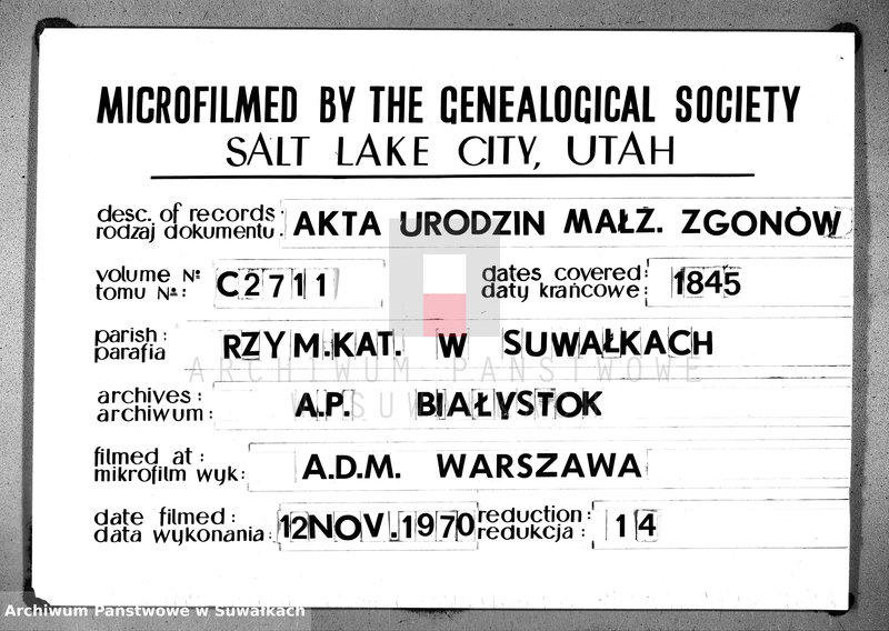 image.from.unit.number "Księga duplikat aktów urodzenia, zaślubin, zgonów w parafii suwalskiey z roku 1845"