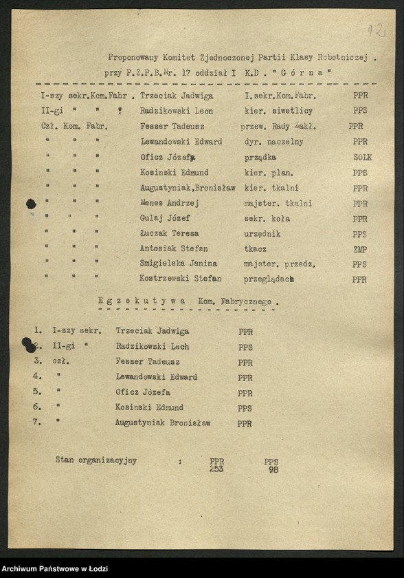 Obraz 13 z jednostki "Proponowane składy komitetów zakładowych [przed zjednoczeniem PPR i PPS]"