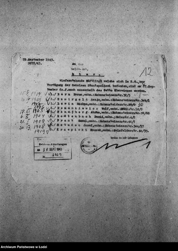 Obraz 15 z jednostki "[Pisma z Wydziału Prezydialnego, z Centralnego Więzienia i Wydziału Pracy zawiadamiające o przyjeżdżających i wyjeżdżających Żydach]"
