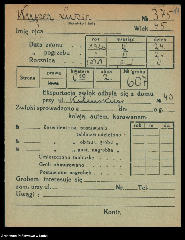 Obraz 12 z jednostki "Kartoteka osób pochowanych na cmentarzu żydowskim przy ulicy Brackiej w latach 1892-1956. Nazwiska na litery: Kup-Kz"
