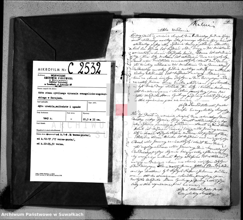 image.from.unit.number "Księga Duplikat do zapisywania aktów Urodzenia, Zaślubienia i Zeyścia w Parafii Ewangelickiey Sereyskiey w roku 1845"