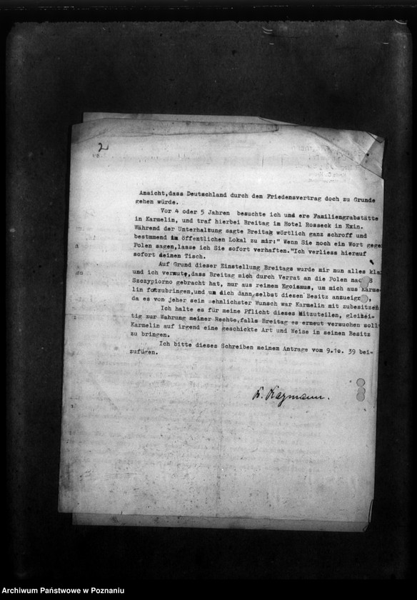 Obraz 6 z jednostki "Korespondencja w sprawie miejscowych Niemców, którzy zginęli w 1939 roku oraz donos Niemca B. Reymanna z powiatu wałeckiego na jego sąsiada, Niemca Breitinga o sprzyjanie Polakom"