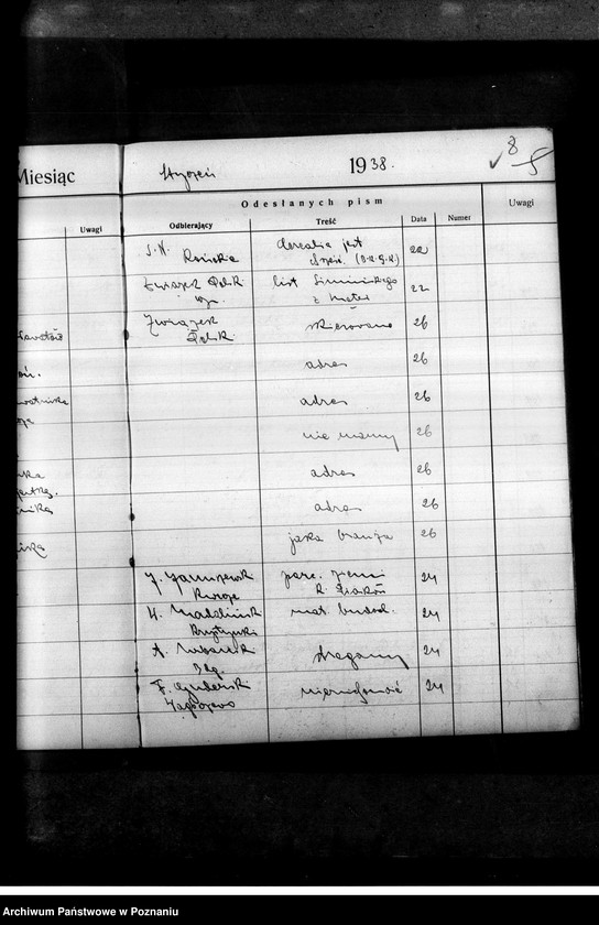 Obraz 12 z jednostki "Rejestr nadchodzących i wysyłanych pism przez Stronnictwo Narodowe i Obóz Wszechpolski"