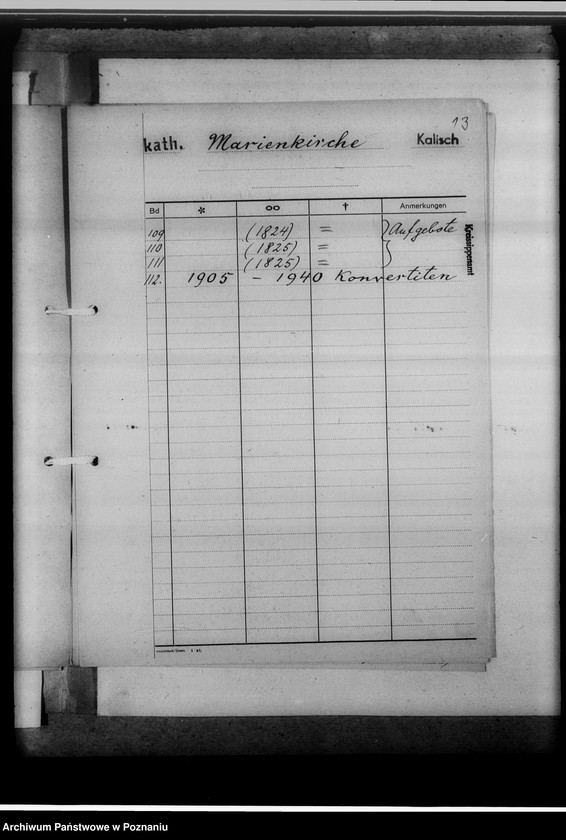 Obraz 17 z jednostki "I. Bücher evangelischer Gemeinden; II. Bücher katholischer Gemeinden: 1. Gotthard-Kirche, 2. Marienkirche, 3. Nikolauskirche; III. Bücher griechisch-orthodox. Gemeinden: 1. Peter-Paulus-Kirche, 2. Ukrainische Kirche; IV. Militärgemeinde; V. Griech.Orthodox. und Baptisten; VI. Griech.Orthodox. und Juden; VII. Adventisten; VIII. Baptisten; IX. Juden; X. Kathol.-protestantische Zivilstandsregister Kalisch-Stadt [z terenu miast Kalisza]. Mikr.074979. Brak datacji, podano daty skrajne zesp."
