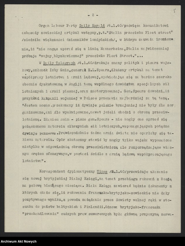 Obraz 7 z jednostki "Przegląd prasy angielskiej z 3-4 I 1940 r. i francuskiej z 5 I 1940 r."