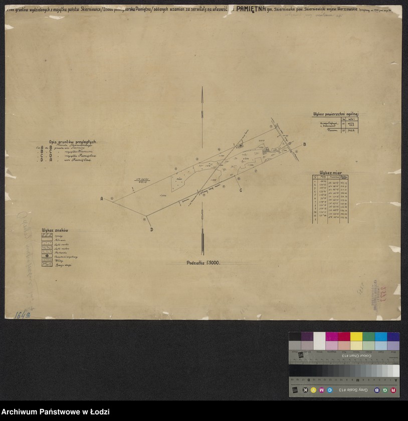Obraz 1 z jednostki "Plan gruntów wydzielonych z majątku państwowego Skierniewice/Osada pomłynarska Pamiętna/ oddanych w zamian za serwituty na własność wsi Pamiętna gminy Skierniewka powiat skierniewicki"