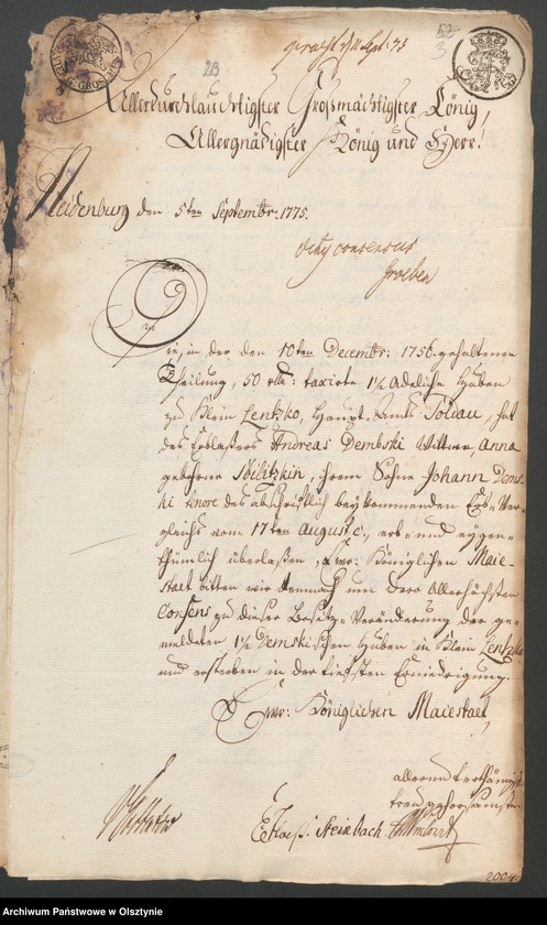 image.from.unit.number "In S. [Sachen] der Wittwe des verstorbenen Andreas Dembski Anna geb. [geborene] Sbilitzkin/ Zbilitzkin wegen der ihrem leibl. [leibliche] Sohn dem Johann Dembski erb und eigenthümlich überlassenen 1 1/2 adel. [adeliche] Hube zu Kl. [Klein] Lentzko [Mały Łęck]"