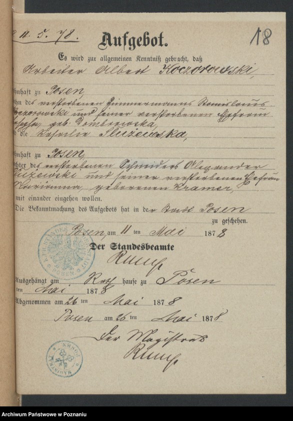 Obraz 20 z jednostki "Die von den Verlobten beigebrachten Urkunden zur Eheschliessung pro 1878"