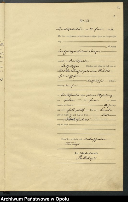 Obraz 17 z jednostki "Geburts-Haupt-Register des Standsamts Bischofswalde pro 1900"