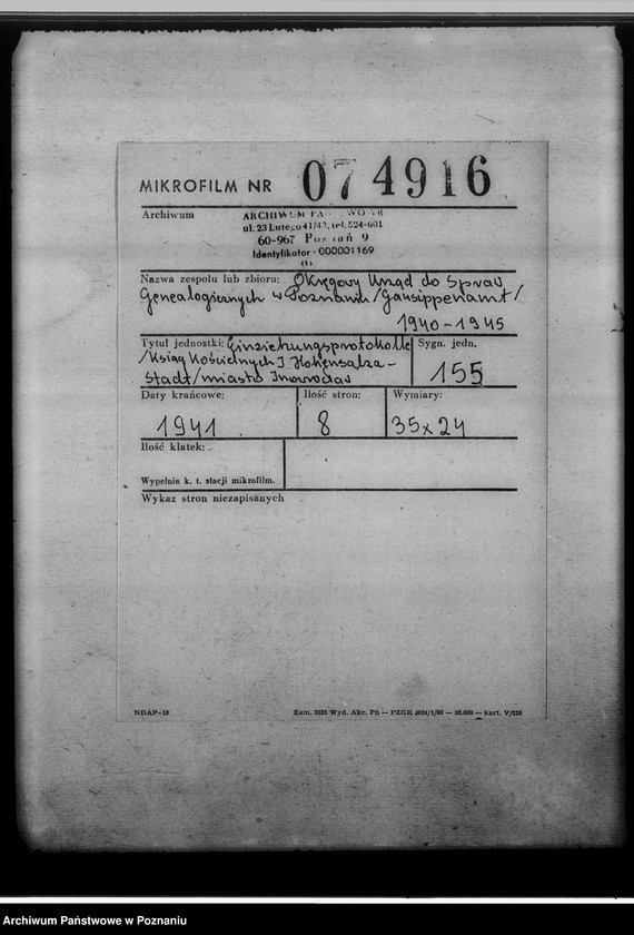 Obraz 2 z jednostki "Einziehungsprotokolle [ksiąg kościelnych] Hohensalza-Stadt [miasto Inowrocław]"