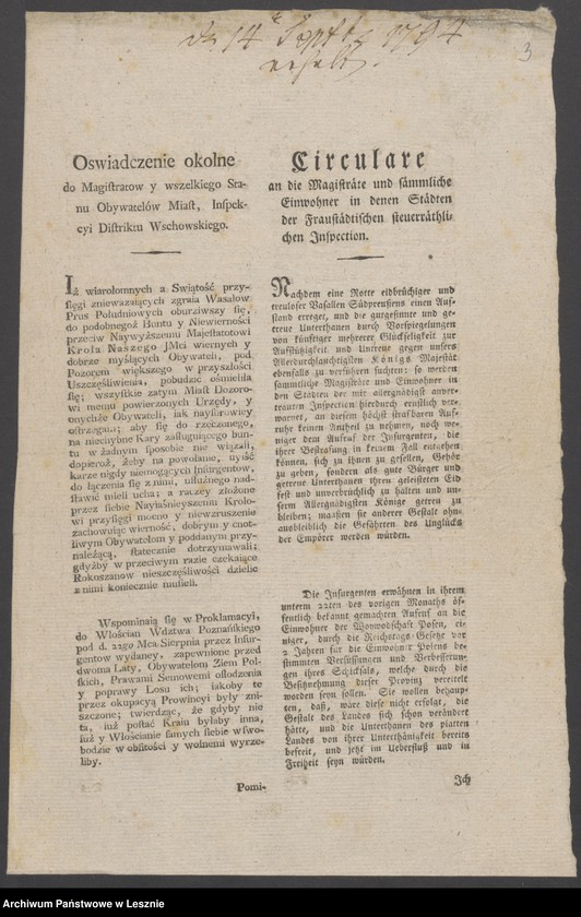 Obraz 6 z jednostki "[Zirkulare vom 6 September 1794 in Betreff der in Südpreussen ausgebrochenen Unruhen, Publikation derselben und Bericht]"