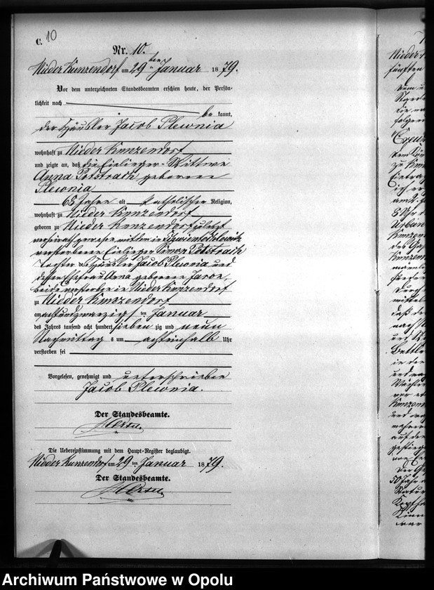 Obraz 13 z jednostki "Sterbe-Neben-Register Standesamts Kunzendorf pro 1879"