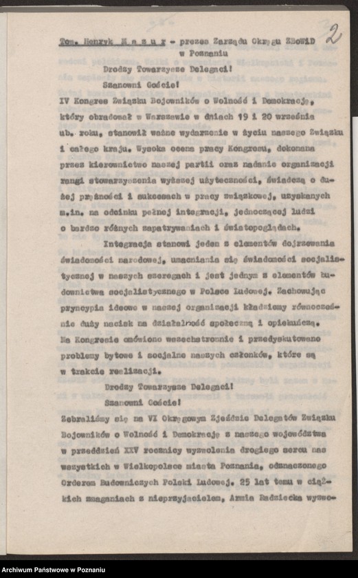Obraz 11 z jednostki "Stenogram z Vl Okręgowego Zjazdu Delegatów Związku Bojowników o Wolność i Demokrację w Poznaniu."