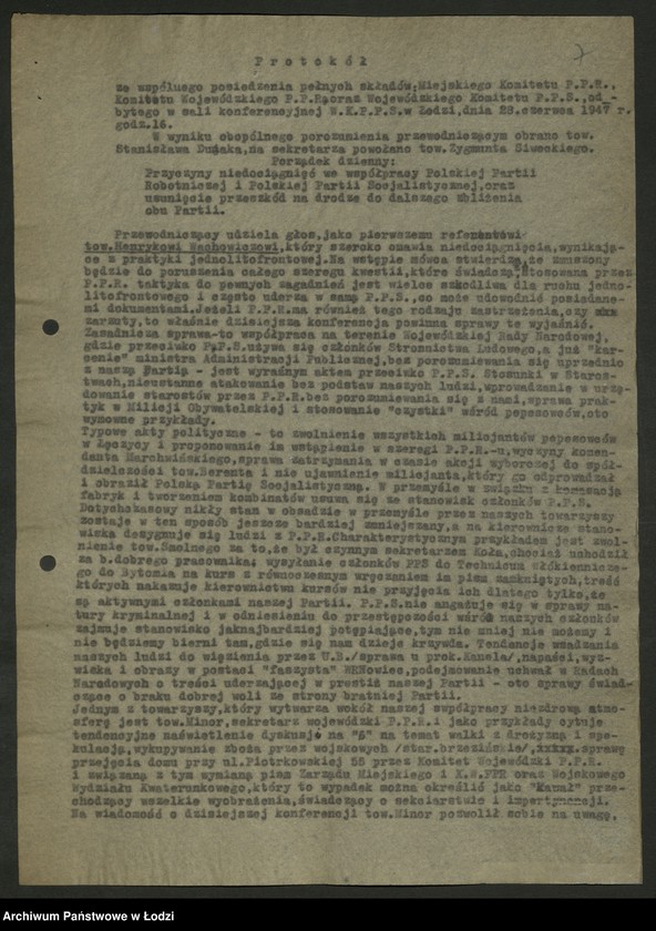 Obraz 8 z jednostki "Protokoły [z konferencji] i narad międzypartyjnych PPS i PPR [Wojewódzkich komitetów, stenogram z posiedzenia wspólnego WK PPS i KW PPR, oceny, analizy aktywu gospodarczego i komitetów współpracy PPS i PPR] [i załączniki]"