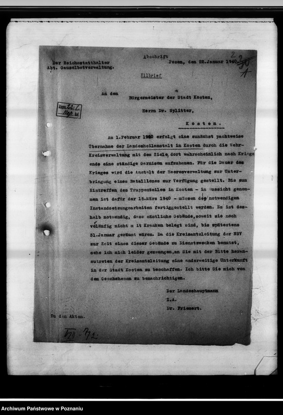 Obraz 6 z jednostki "Verhandlungen und Vertrag über die Vermietung an die Vermacht - Gauheilanstalt Kosten."