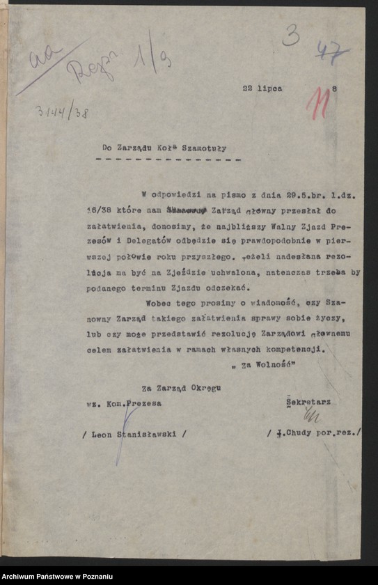 image.from.unit.number "Walny Zjazd Delegatów [wnioski na zjazd, ewidencja kół, sprawozdania sekretarza, komendanta delegatury grodzkiej, bilans]"
