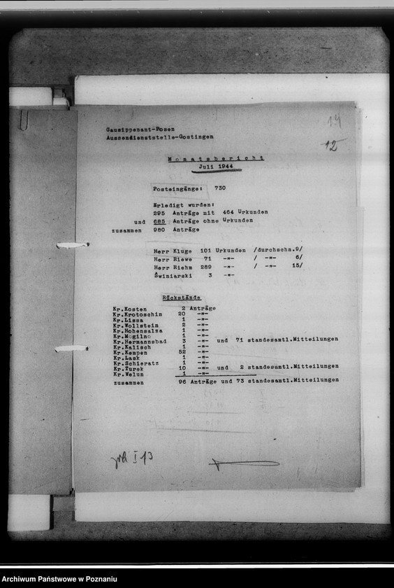 Obraz 19 z jednostki "Monatsberichte. Aussendienststelle Gostingen [Gostyń]"