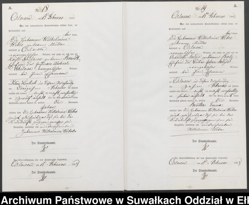 image.from.unit.number "Geburts-Neben-Register des Preussischen Standes-Amtes Orlowen Kreis Loetzen für das Jahr 1888"