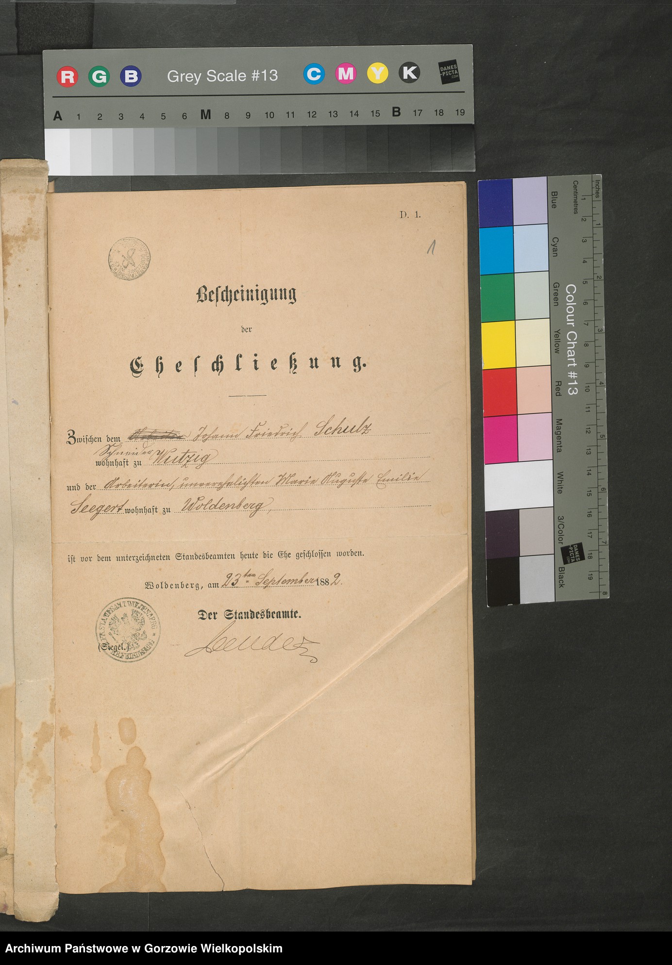 Skan z jednostki: Acta der Oberpfarre zu Woldenberg betreffend Bescheinigung der Eheschliessung von Woldenberg und Wolgast mit Grapow und Lenzenbruch