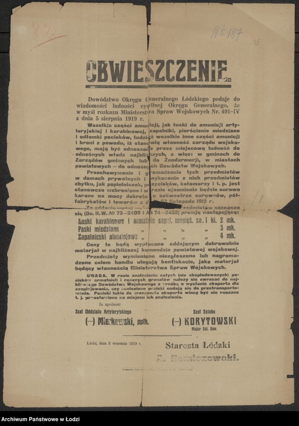 Obraz 1 z jednostki "[Obwieszczenie w sprawie obowiązku zgłaszania amunicji i części umundurowania]"
