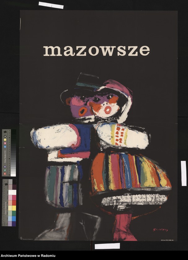 Obraz 4 z jednostki "Plakat przedstawiający parę w kolorowych strojach ludowych na czarnym tle i napisem: "Mazowsze""