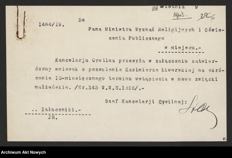 image.from.unit.number "Skrócenie 10 miesięcznego terminu zakazu wstąpienia w ponowne związki małżeńskie. Reskrypty Naczelnika Państwa, wnioski, korespondencja z Min. Wyznań Religijnych i Oświecenia Publicznego"