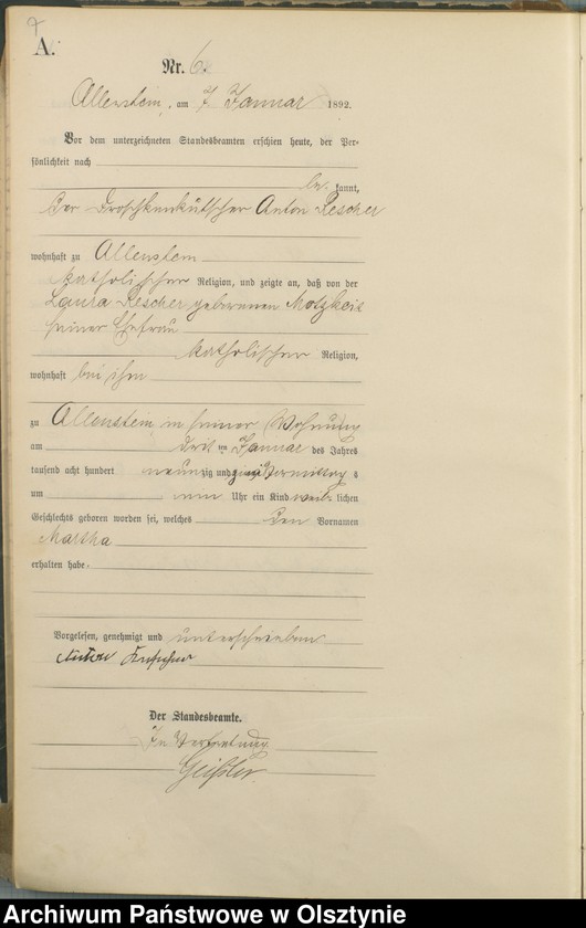 image.from.unit.number "Geburts-Haupt-Register Tom I,Nr 1 - 280"